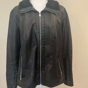 Black Faux Leather Jacket with Fur Collar